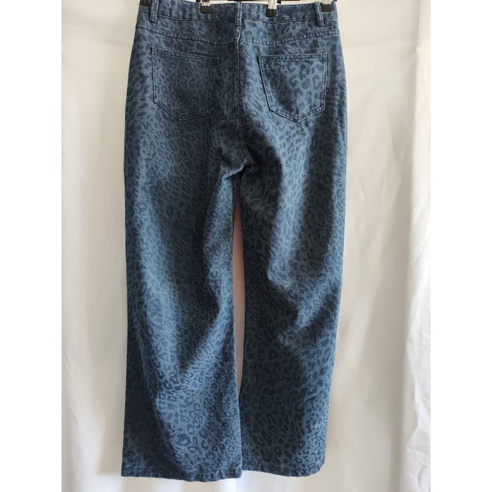 Leopard Print Patterned Blue Denim Y2K Bold High-Waisted Wide Leg Jeans L - Picture 5 of 11